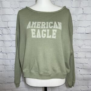 American Eagle Semi Cropped Sweatshirt Oversized XS Green Off Shoulder Logo